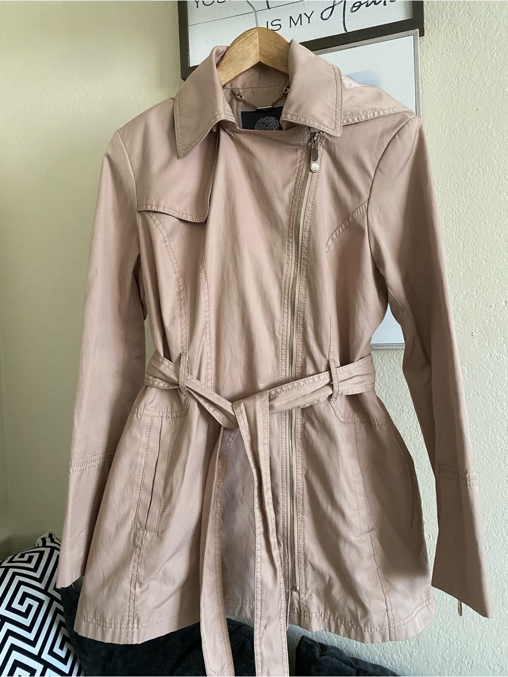 Vince Camuto Tan Beige Hooded Asymmetric Zip Belted Trench Coat Jacket Size L